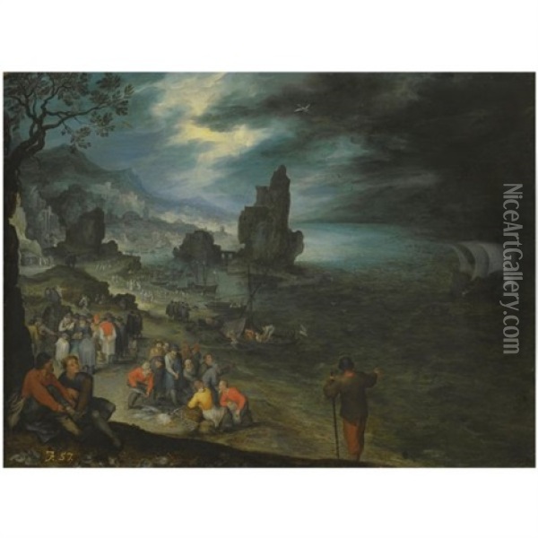 An Extensive Coastal Landscape With Fishermen Landing And Selling Their Catch, The Sacrifice Of Jonah Offshore Oil Painting - Jan Brueghel the Elder