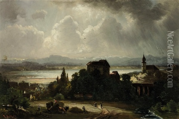 Gewitterstimmung Am See, Im Vordergrund Heuernte Oil Painting - Robert (August Rudolf) Schietzold