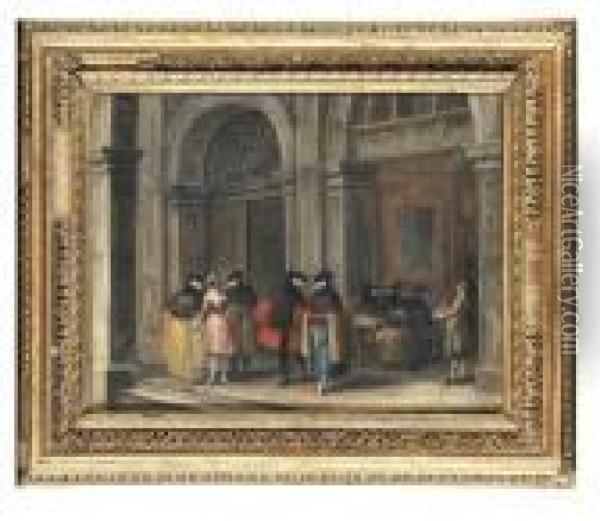Masked Figures Taking Coffee In The Caffe Florian, Venice Oil Painting - Francesco Guardi