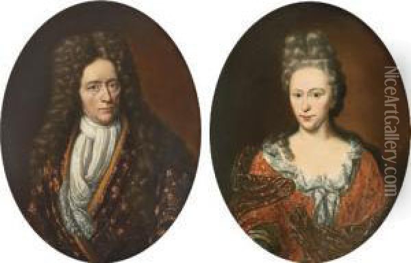 Portrait Of A Gentleman, 
Half-length, In An Embroidered Coat And A White Jabot; And Portrait Of A
 Lady, Half-length, In An Embroidered Red Dress And A Red Wrap Oil Painting - Arnold Boonen