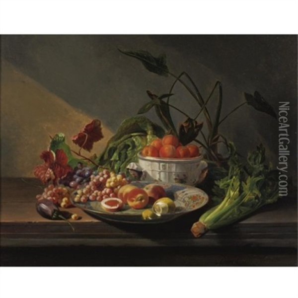 A Still Life With Fruit And Vegetables On A Table Oil Painting - David Emile Joseph de Noter