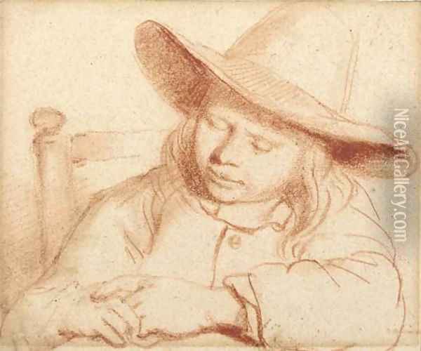 Portrait of a boy seated at a table sleeping Oil Painting - Nicolaes Maes