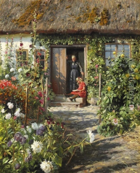 An Old Farmhouse With Grandmother Standing In The Door And A Little Girl Oil Painting - Peder Mork Monsted