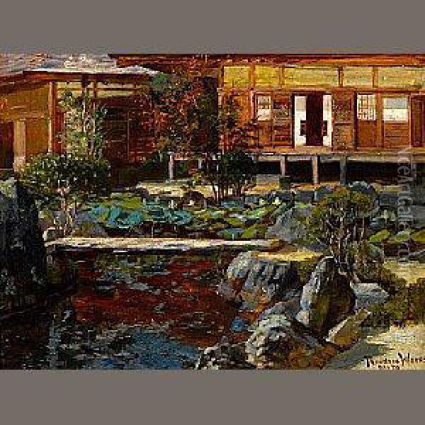 Garden Of Kinkakuji In Kyoto Oil Painting - Theodore Wores