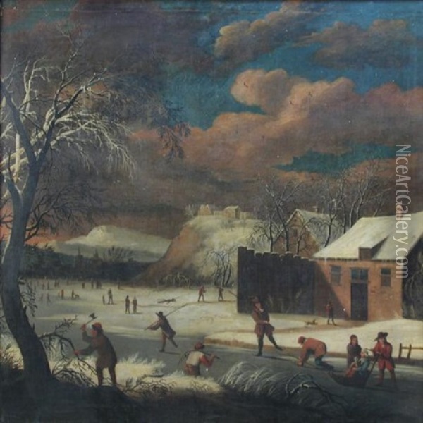 Winter - With Skaters On A Frozen Lake And Peasants Chopping Wood Oil Painting - Jan Abrahamsz. Beerstraten