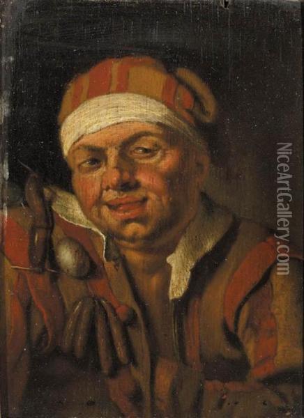 A Personification Of Gluttony: A
 Man In Fancy Costume With Sausages And An Egg Attached To His Shoulder Oil Painting - Jan Steen