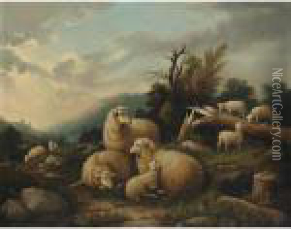 Lambs And Sheep In A Landscape Oil Painting - Susan C. Waters