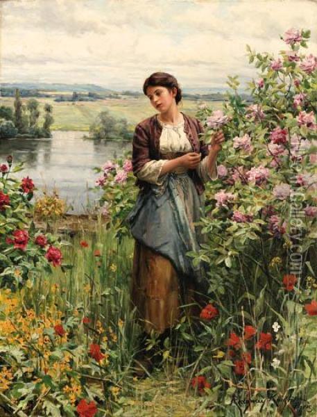 Julia Among The Roses Oil Painting - Daniel Ridgway Knight