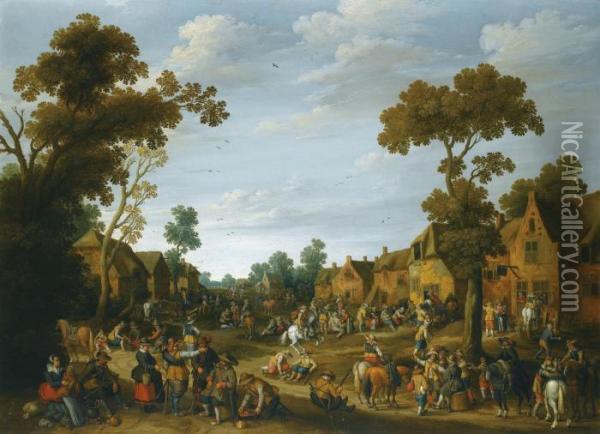 A Busy Village Scene With Soldiers And Peasants Oil Painting - Joost Cornelisz. Droochsloot
