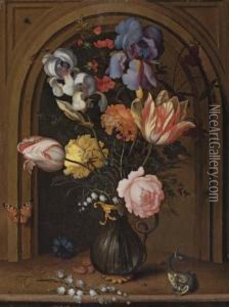Irises, Tulips, Roses And Lily 
Of The Valley In A Vase With A Lizard, A Butterfly And A Dragonfly 
Before A Niche Oil Painting - Balthasar Van Der Ast