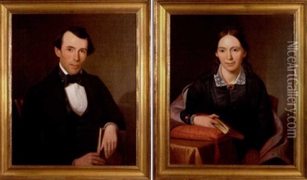 Portrait Of A Man  And Woman Holding A Book (pair) Oil Painting - John F. Francis