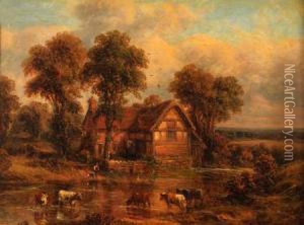 Cattle Watering Before A Cottage Oil Painting - Thomas Thomas