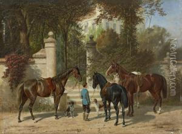 Vier Gesattelte Pferde Vor Einem Tor Oil Painting - Franz Quaglio