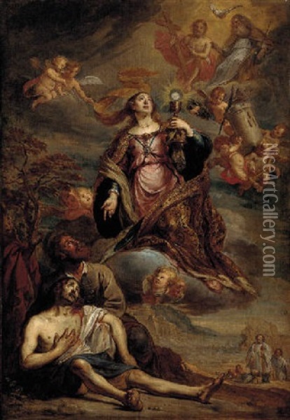 Saint Barbara Comforting A Dying Man With The Last Sacrament Oil Painting - Jan Van Cleve III