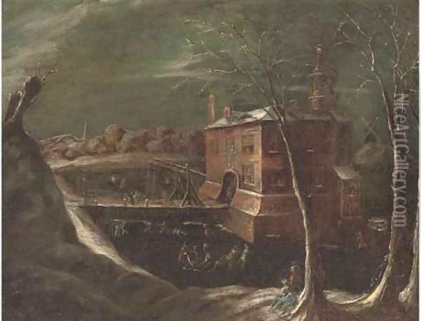 A moonlit winter landscape with skaters on a frozen lake, a mansion beyond Oil Painting - Joseph van Bredael