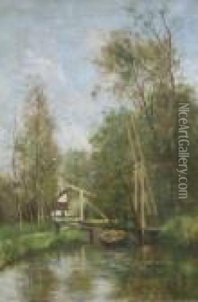 Hollandische Landschaft Mit Kleinem Fluss Und Kahn Oil Painting - Jan Van Rhijnen