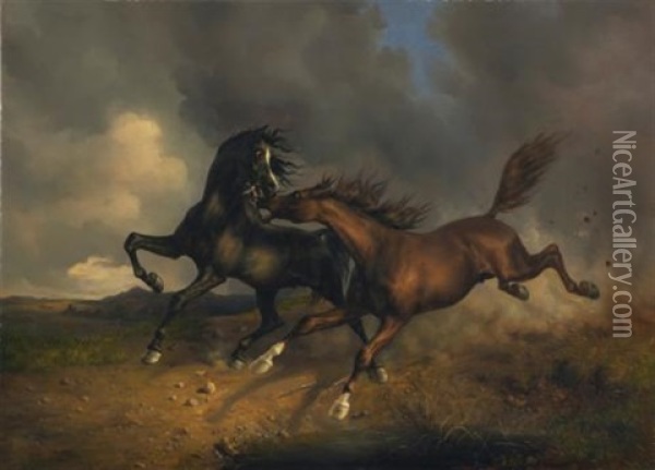 Pferde Wahrend Eines Gewitters (horses During A Thunderstorm) Oil Painting - Johann Rudolf Koller