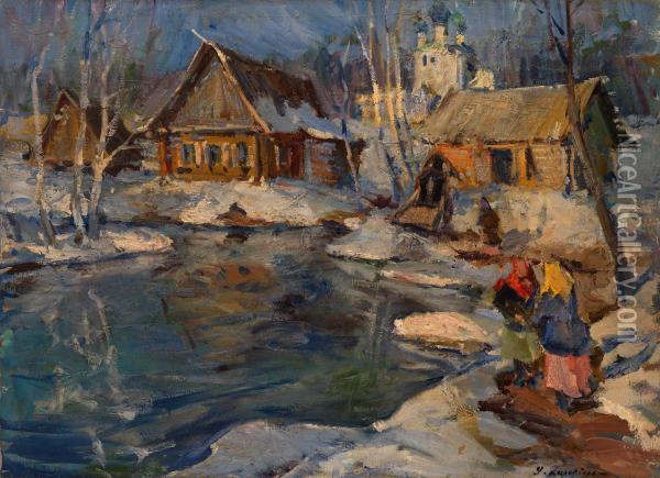 Russian Village In Winter Oil Painting - Georges Lapchine