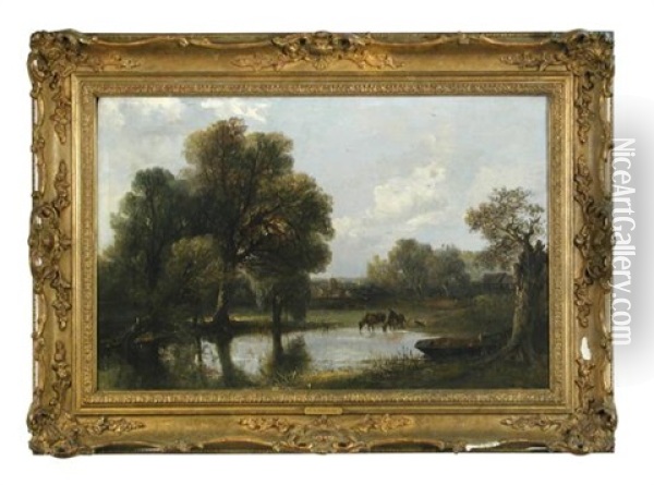 Heavy Horses Watering At A Village Pond Oil Painting - Edward Robert Smythe