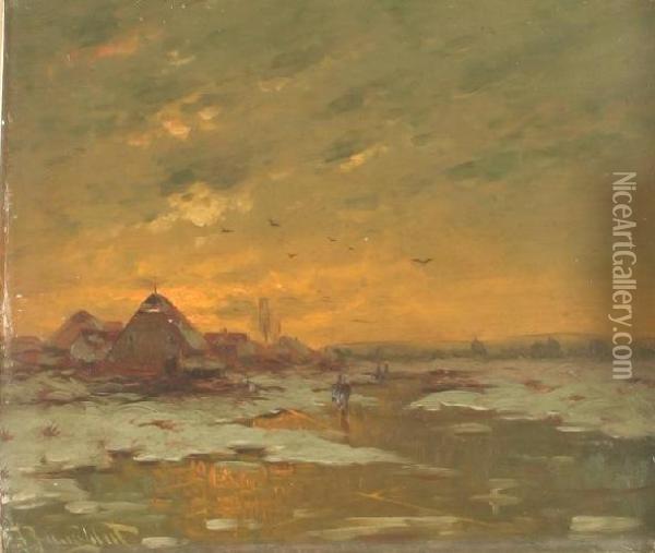 Winterlandschaft Am Niederrhein Oil Painting - Johann Jungblutt