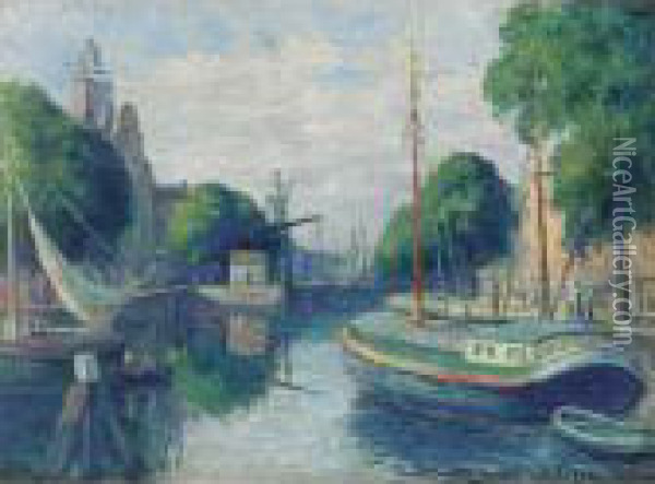 Peniches Sur Le Canal A Rotterdam Oil Painting - Maximilien Luce