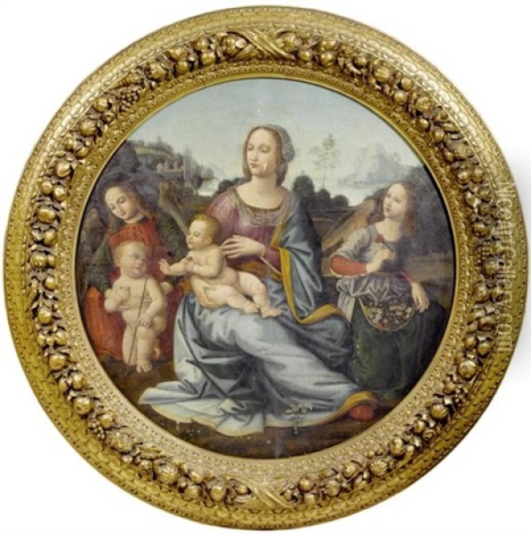 Madonna Mit Kind, Johannes D. Taufer Und Zwei Engeln Oil Painting - Lorenzo Di Credi