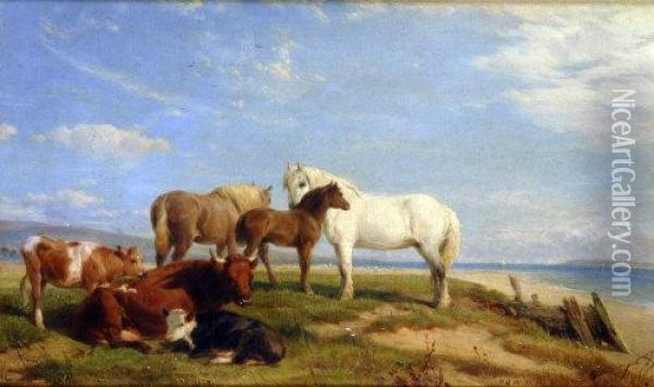 Castle And Horses, Resting Beside A Beach Oil Painting - Henry Brittan Willis