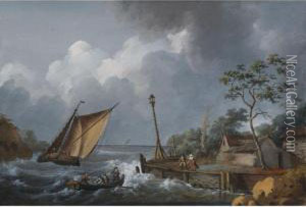 Harbour Scene With Stormy Weather Oil Painting - Alexandre-Jean Noel