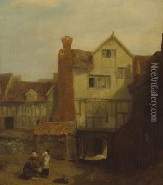 A View Of A Courtyard With Figures Oil Painting - William Mulready