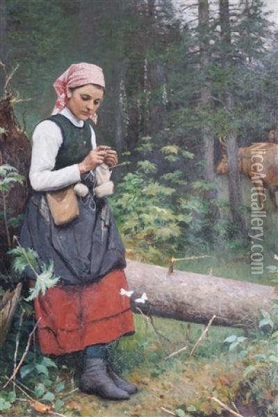 Stickande Flicka Oil Painting - Johan Tiren