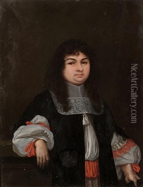 Portrait Of A Gentleman Three Quarter Length Wearing A Black Coat With A Lace Collar. Oil Painting - Jacob Ferdinand Voet