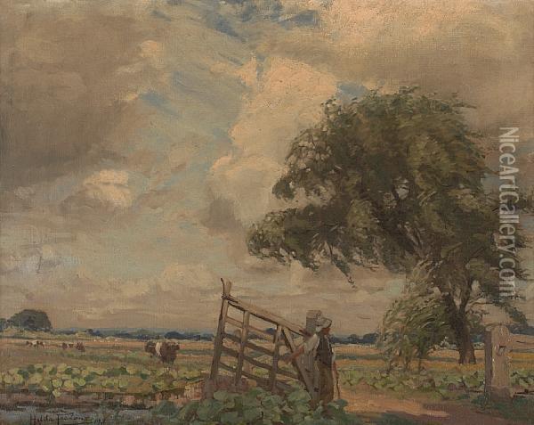At The Farm Gate Oil Painting - Hilda Fearon