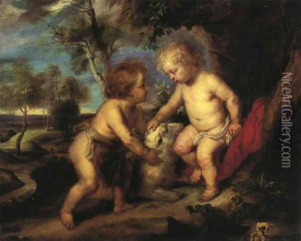 The Christ Child and the Infant St. John after Rubens Oil Painting - Theodore Clement Steele