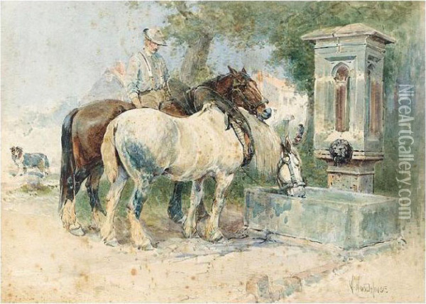 Horses Watering Oil Painting - William Arnold Woodhouse