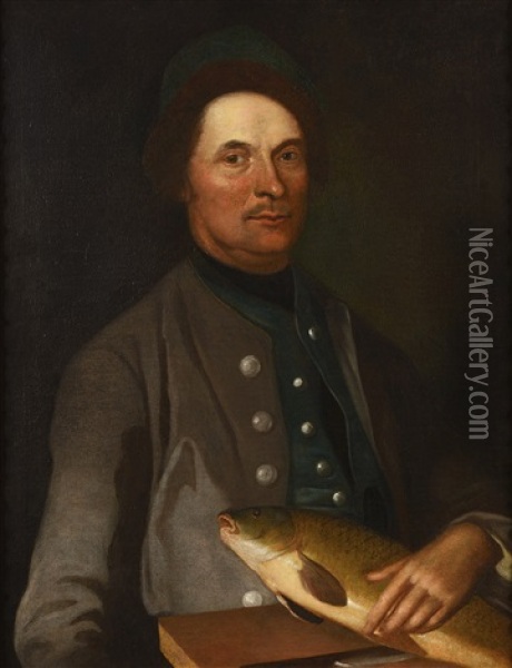 Portrait Of Painter Jorg Durenfurth With A Carp Oil Painting - Johann (Jan) Kupetzki