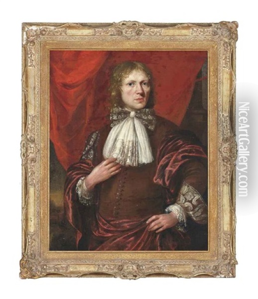 Portrait Of A Gentleman, Half-length, In A Brown Coat With A Crimson Wrap Oil Painting - Pieter Leermans