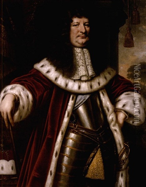 Portrait Of Friedrich Wilhelm, Elector Of Brandenburg, Wearing Armour, Robes And Holding A Baton Oil Painting - Pieter Nason