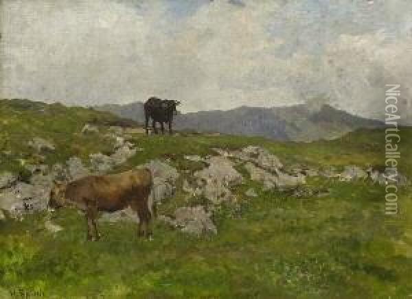Kuhe Auf Der Hochalm. Oil Painting - Hermann Baisch