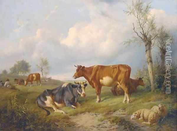 A shepherd and his dog with cattle and sheep in a field Oil Painting - Charles Emile Jacque
