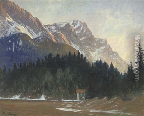 A Hut In A Pine Forest At The Foot Of A Mountain (dbl-sided) Oil Painting - Ludwig Von Senger