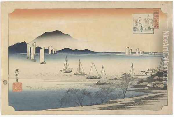 Sailboats Returning to Yabase Edo period Oil Painting - Utagawa or Ando Hiroshige