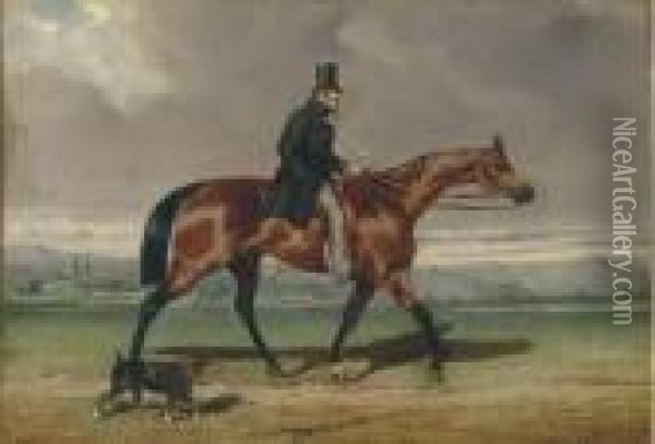 A Gentleman Out Riding On A Bay Horse With A Terrier Oil Painting - Alfred De Dreux