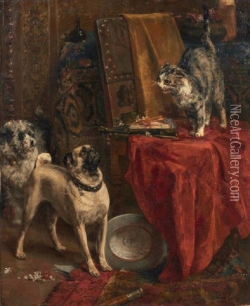 Chiens Et Chat A L'eventail Oil Painting - Charles van den Eycken