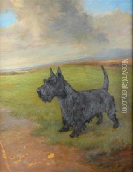 'jerry', A Scottish Terrier In A Landscape Oil Painting - Maud Earl