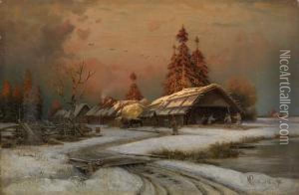 Village Scene In Winter Oil Painting - Petr Sukhodolsky