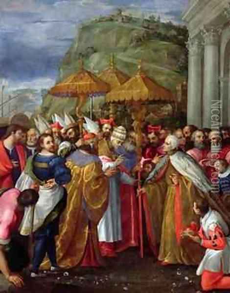 Pope Alexander III Emperor Frederick Barbarossa and Doge Sebastiano Ziani Arrive at Ancona Oil Painting - Girolamo Gambarato