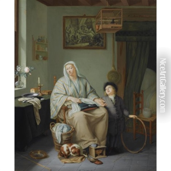 An Interior With A Woman Doing Needlework And A Young Boy With A Hoop Oil Painting - Frans van Mieris the Younger