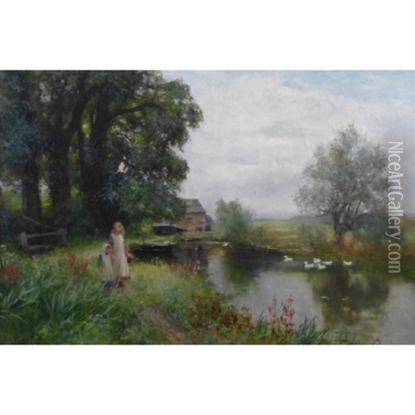 Two Girls Walking Beside A Tree Lined River, Ducks On The Water And A Water Mill In The Distance Oil Painting - Henry John Yeend King