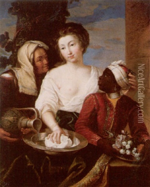 Portrait Of A Lady With A Moorish Page And Maidservant Oil Painting - Pierre Mignard the Elder