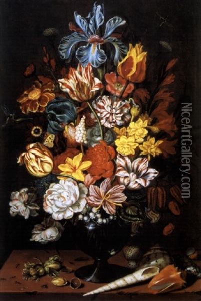 Blumenstrauss In Einer Glasvase Und Muscheln Oil Painting - Ambrosius Bosschaert the Younger